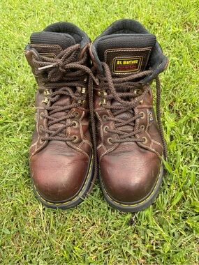 Dr. Martens men’s Brown Leather Lace-Up Industrial Boots with Yellow Stitching